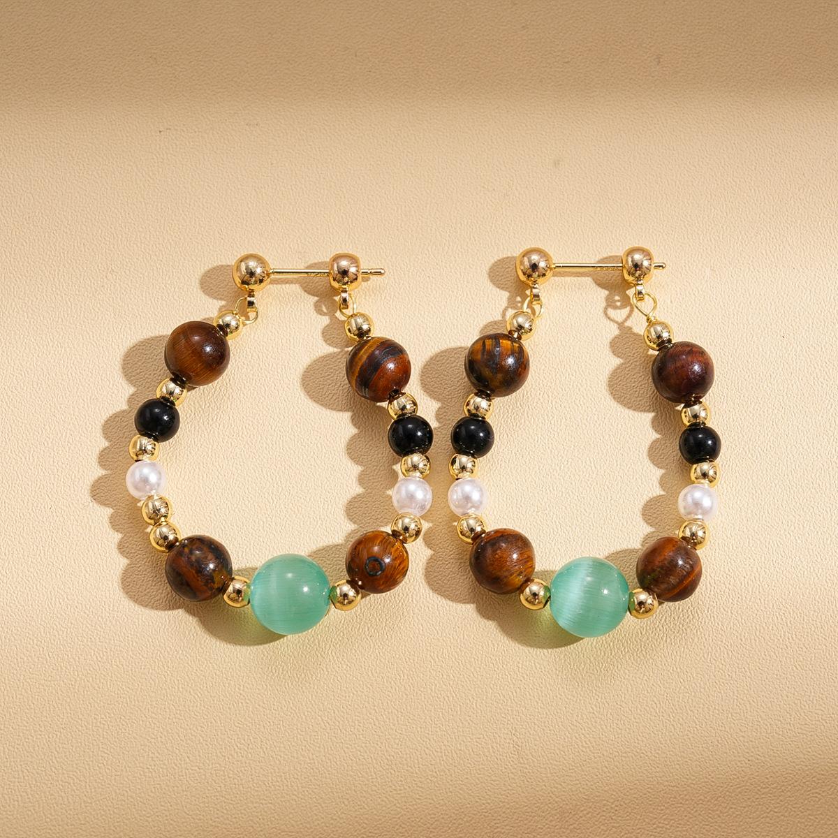 Tiger s eye, opal, imitation pearl beaded silver needle earrings, temperament earrings.