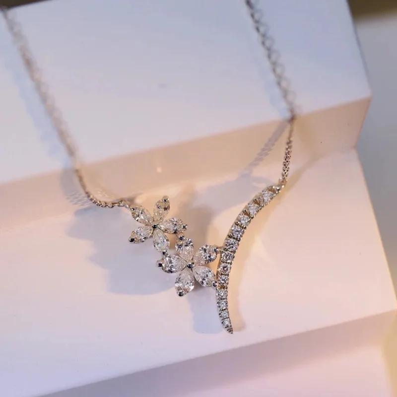 Exquisite Zircon Flower Women Pendant Necklace Fashion Beautiful  Sterling Silver Chain Wedding Girlfriend Choker