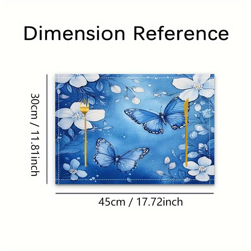 4pcs Elegant Floral & Butterfly Placemats | Deep Blue Table Mats with Blue Butterflies, Durable Linen Place Mats for Dining Table, Kitchen Decor
