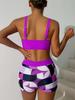 Bikini de Dos Piezas con Estampado de Bloques de Color de Moda con Cordón en el Pecho y la Cintura Moda Para Vacaciones