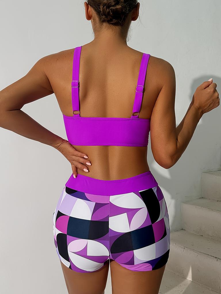 Bikini de Dos Piezas con Estampado de Bloques de Color de Moda con Cordón en el Pecho y la Cintura Moda Para Vacaciones