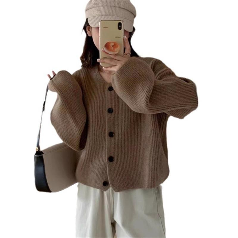 Autumn and winter new retro loose lazy wind knitted cardigan top women's solid color temperament versatile sweater jacket