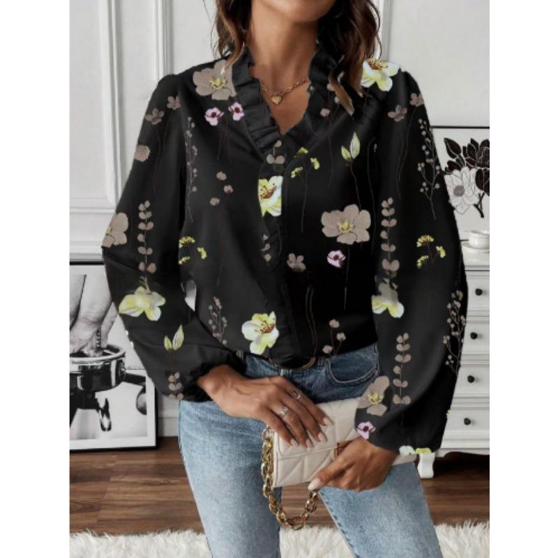 

Весна и осень с длинными рукавами и V-образным вырезом, женская рубашка с принтом, оборками, блузка для пригородных поездок, офисный свободный женский повседневный топ, женская тонкая одежда 3304 XL чёрный