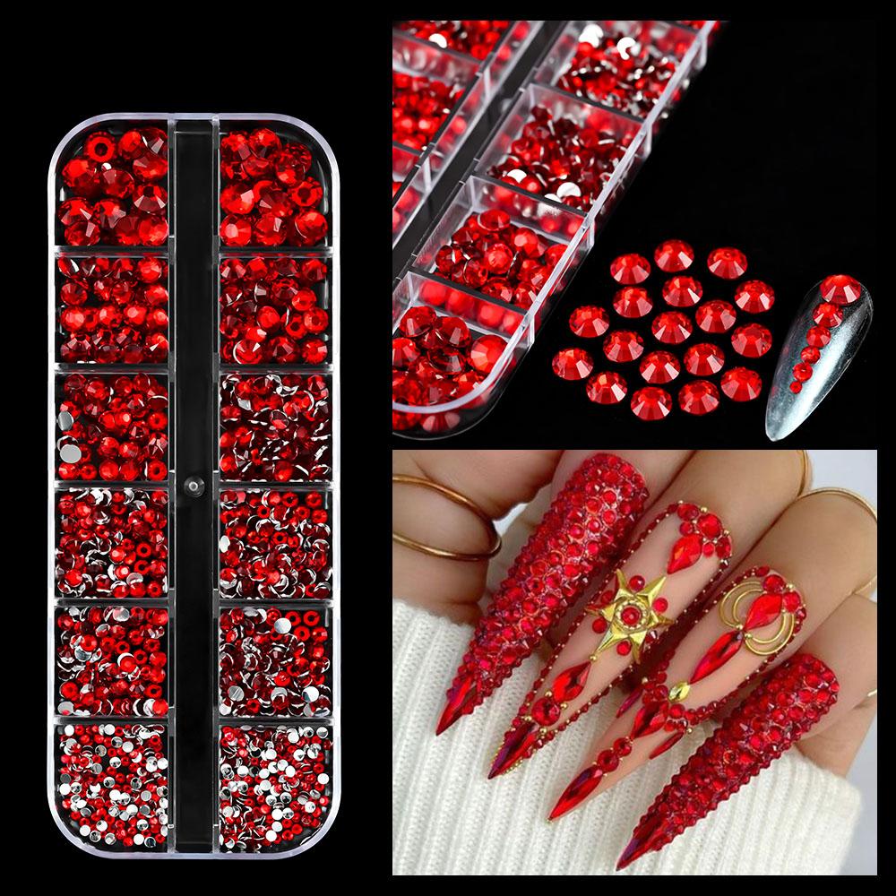 12Gird Mix Size Pink Red Green Crystal Nail Art Rhinestones Luxury Nail Diamond Gem Flatback Glass Stone Strass Nail Supplies