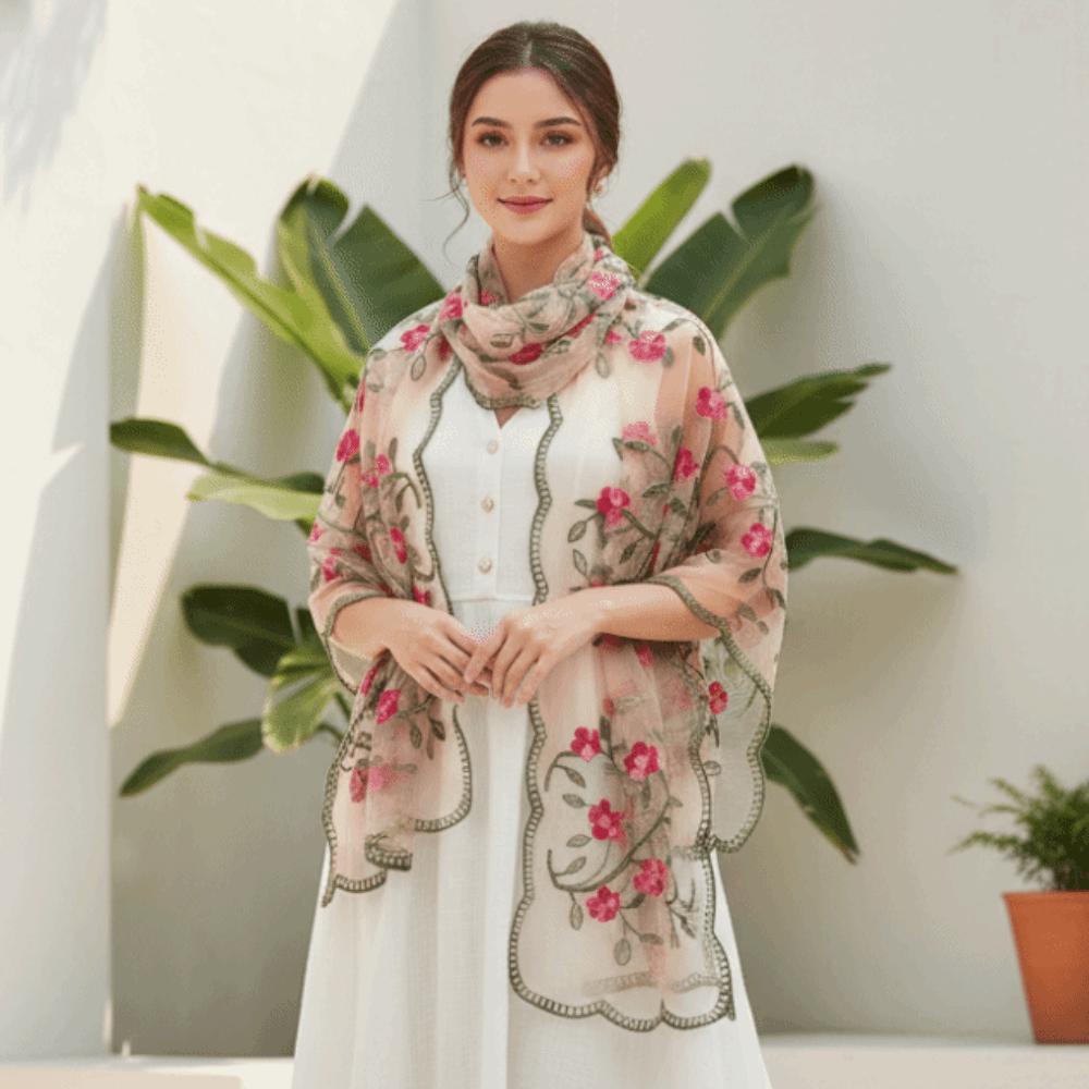 Ethnic Style Embroidered Floral Headwrap Lightweight Breathable Long Lace Scarf Colorful Soft Boho Sheer Shawl Daily Outfit