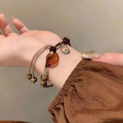 Women Bracelet Chinese Style Retro Ethnic Style Handmade Braided Smooth Bead Pendant Adjustable Lady Peace Wrist Bracelet