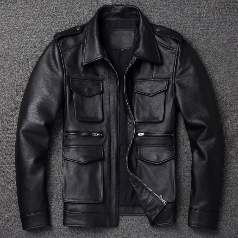 Chinese Size Black Real Cowhide M65 Hunting Leather Jacket Men Genuine Leather Coat Winter Pockets Jackets