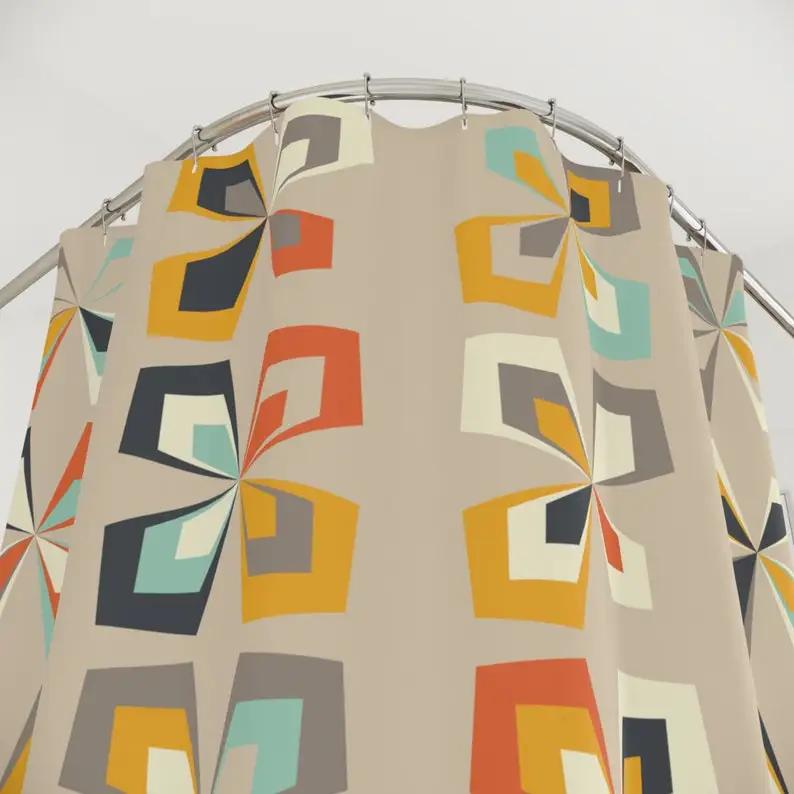 Retro 60S-70S Mid Century Modern Shower Curtain - Abstract Vintage Floral, Brown Orange & Teal, Mcm Bathroom Decor