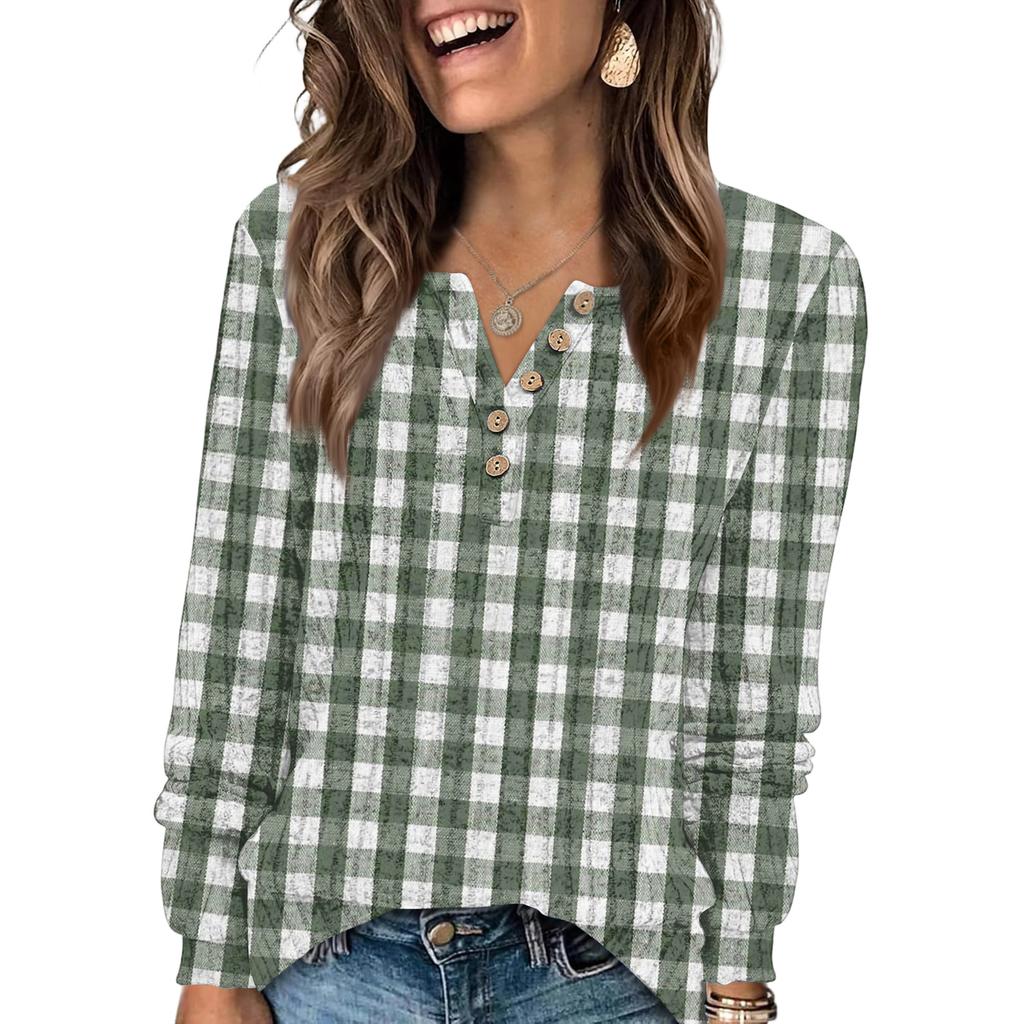 Women's Fashion V-Neck Button-Up T-Shirt With Check Print Long Sleeves