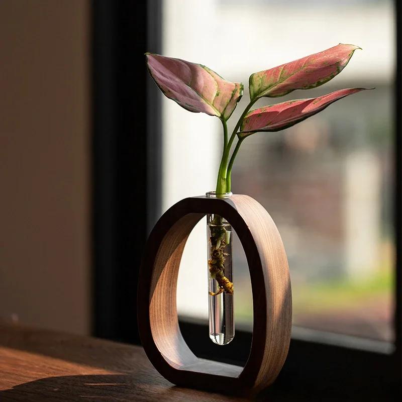 Walnut Solid Wood Flower Ware Creative Flower Arrangement Decoration Simple Glass Plant Flower Stand Mini Water-cultured Vase
