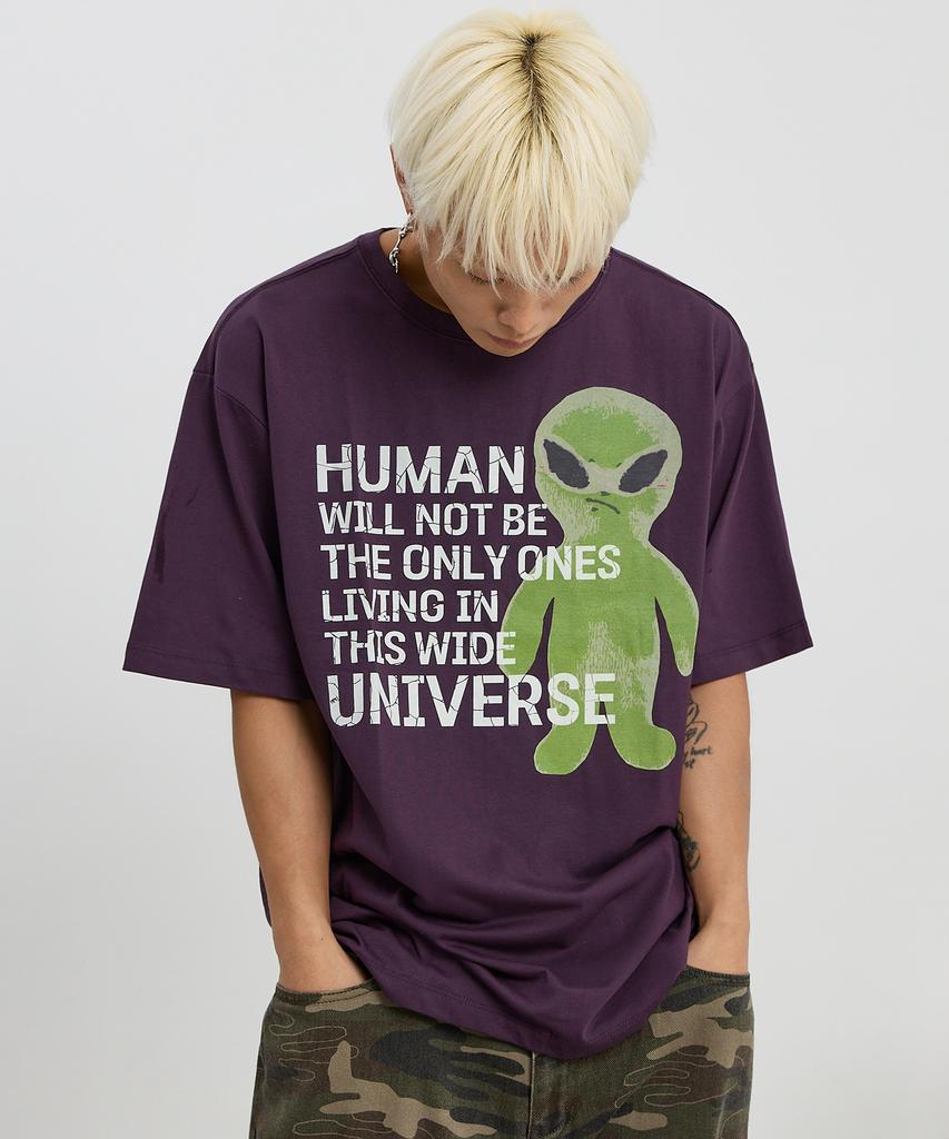 HOODHOOD Alien Slogan Short Sleeve T-Shirt Purple