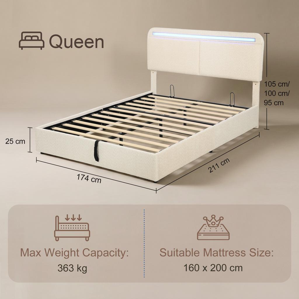 Lit Box 160 x 200 cm, RGB LED, Adjustable Head, Double Upholstered Velvet Bed Frame, Hydraulic Storage, Cream