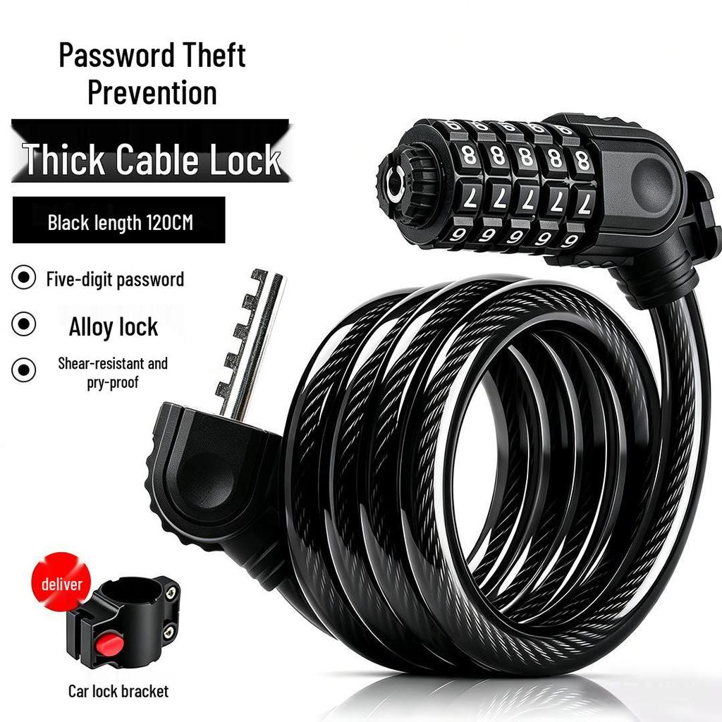 Five-Digit Cross-Border Anti-Theft Bicycle Lock with Thickened Steel Cable and Bracket