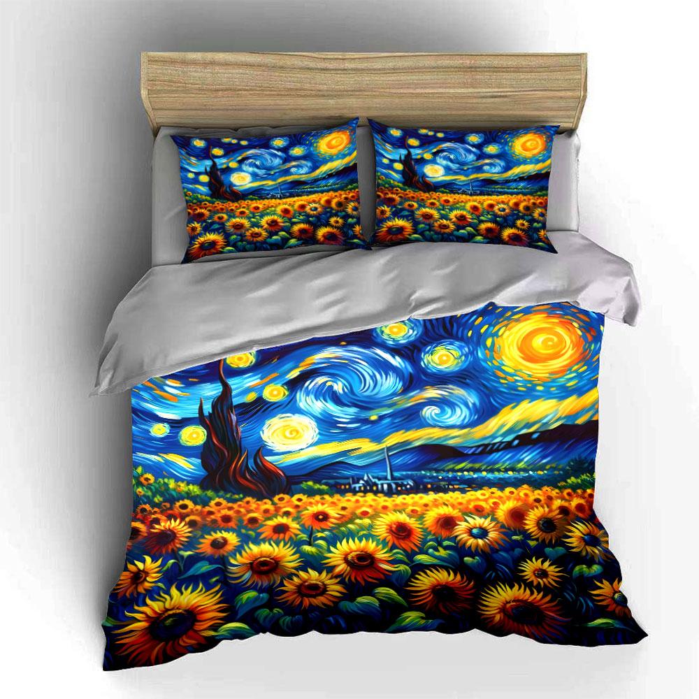 Van Gogh Starry Night Sunflowers Bedding Duvet Cover Set  (1*Duvet Cover 2*Pillowcases, Without Duvet Insert)