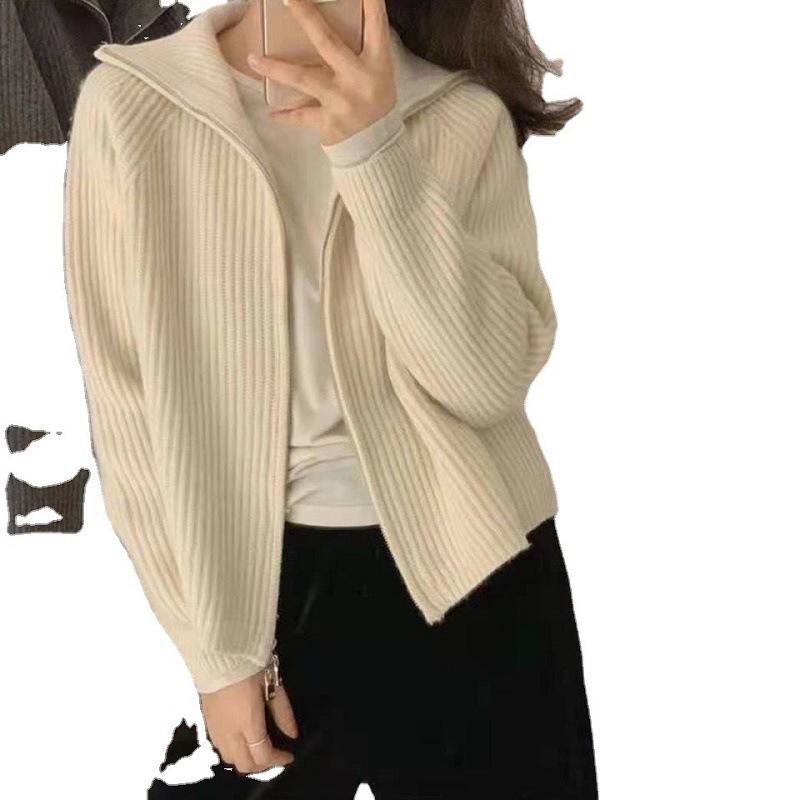 WTEMPO Women's Knit Zip Up Jacket Fall Winter High Collar Full Zip Sweater Cardigan, Long Sleeve Relaxed Fit Thick Knit Coat