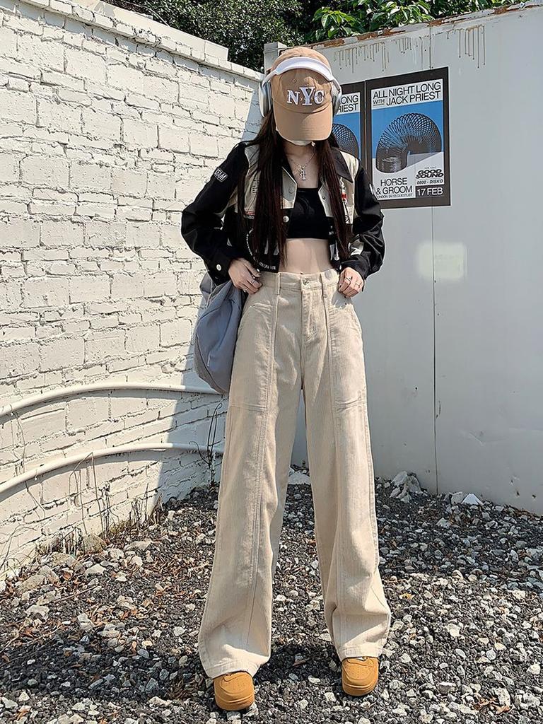 Pantaloni din Velur și Catifea côtelată Maro Retro Toamnă/Iarnă cu Crăpătură pe Picior Lărgit pentru Femei Înalte Talie Înaltă Colanți Lungi