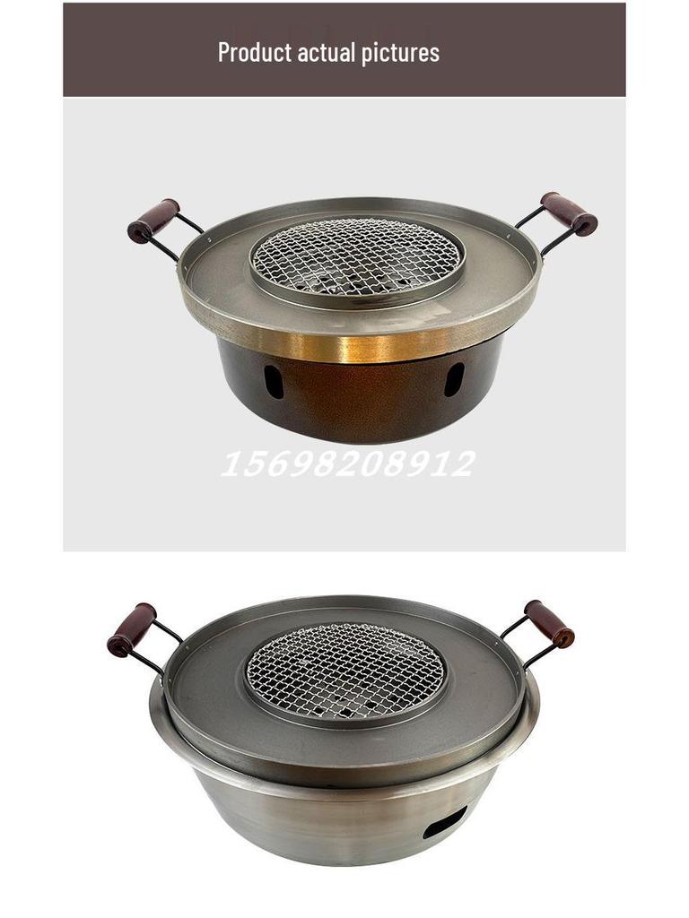 Qiqihar Large Korean Style BBQ Grill - Commercial Cast Iron & Stainless Steel Charcoal Griddle.