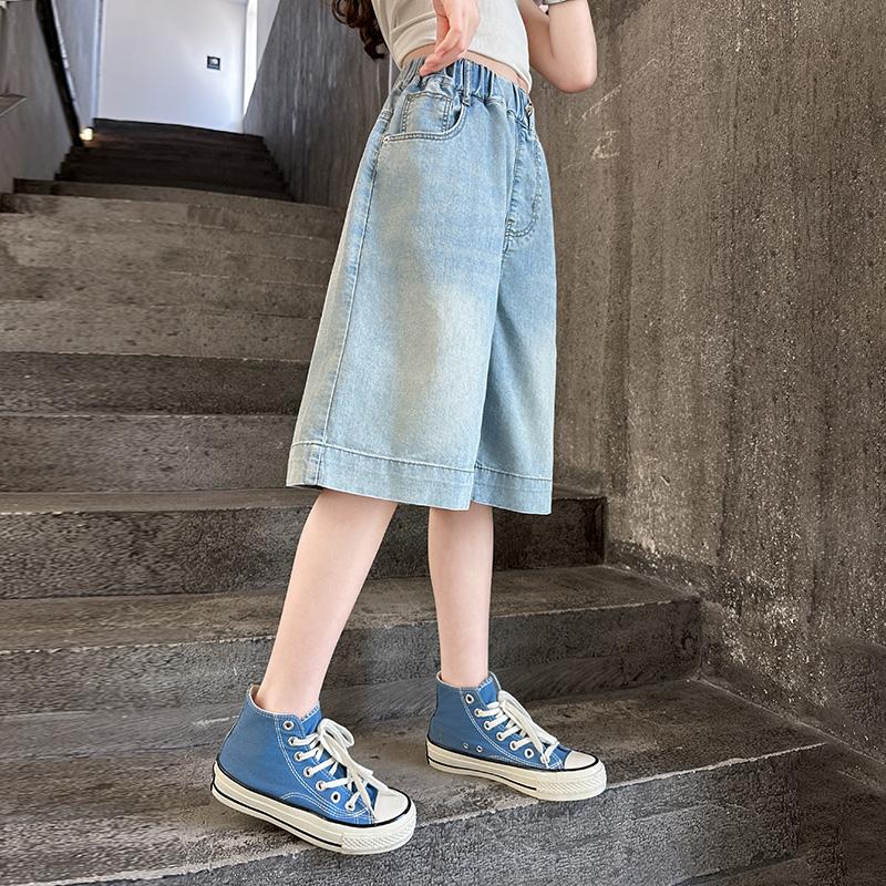 Girls' Denim Shorts Tencel Shorts Summer Thin Mid-to-large Child Shorts Girls' Pants Mid-length Pants Age 5-14 Years