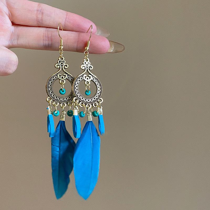 Retro Ethnic Feather Tassel Earrings - S925 Silver Needle