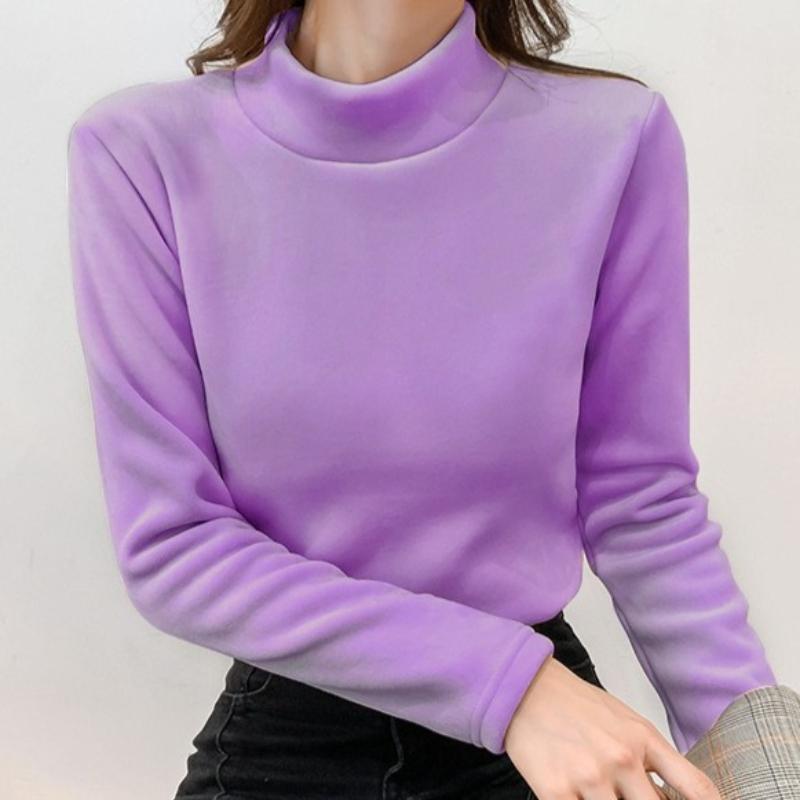 Dicke warme Basic-T-Shirts aus weichem Samt für Damen, Herbst und Winter, halber Rollkragenpullover, Basis-Tops, lässig, langärmelig, schlanke Velours-T-Shirts