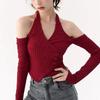 Red Irregular Crop Tops Women Halter Off Shoulder Knit Tee Shirts Korean Fashion Designer Clothes Streetwear Spring
