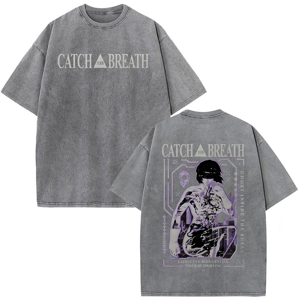 Camisetas Gráficas Vintage Lavadas de Anime Ghost in The Shell Motoko Kusanagi para Hombre y Mujer Moda Camisetas de Manga Corta Oversize