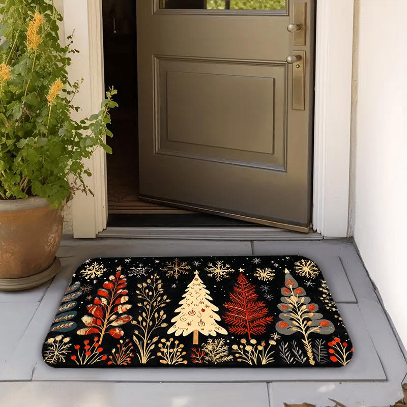 Folk Art Christmas Tree Rug, Scandinavian Snowflake Pattern Mat with Black Backdrop for Holiday Home Decor