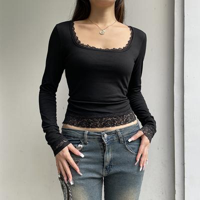 Sexy Black T-shirt Women Autumn New Lace Tees Fashion Streetwear O-Neck Casual Slim Long Sleeves T-shirt Female Versatile Top