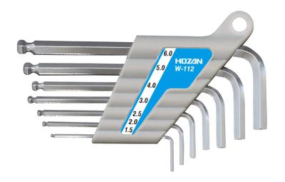 HOZAN Ball Point Wrench Short Length Hex Flat Set, 7-Piece Set, Keys, 1.5/2/2.5/3/4/5/6mm Sizes, W-112