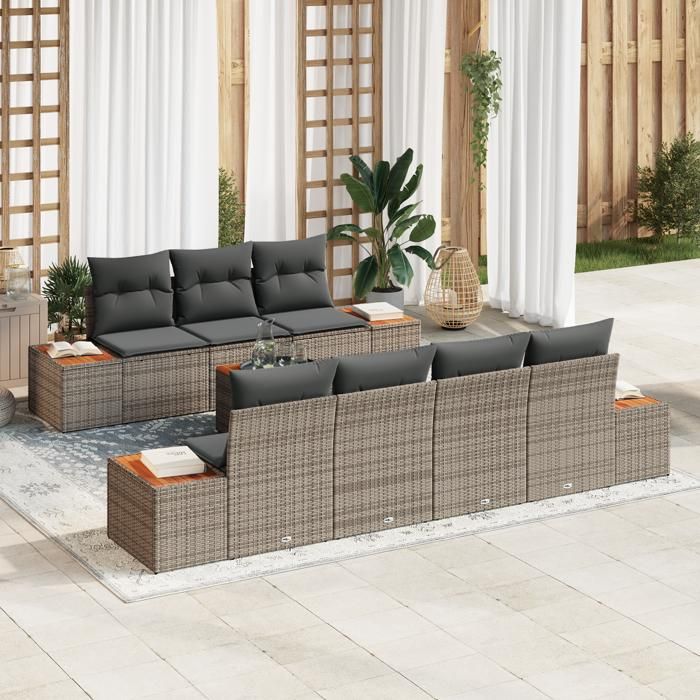 VidaXL Ensemble de canapé de jardin de 8 pièces avec coussins gris poly rotin acacia 3348040