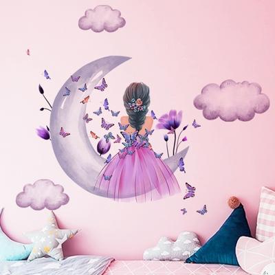 2 szt. Naklejka ścienna wodoodporna dekoracyjna bez pozostałości moda motyl mała dziewczynka księżycowe chmury drukowane artykuły gospodarstwa domowego
