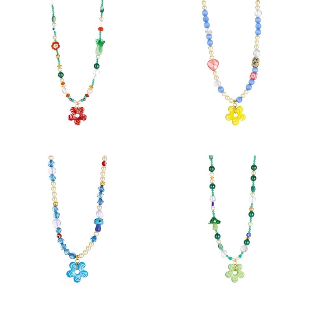 Colorful Floral Chain Choker Coloured Glaze Beads Pendant Necklace Fashion Flower Necklace  Girls