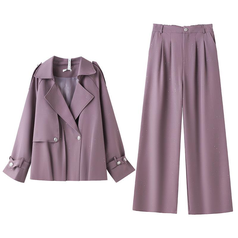 A New Spring and Autumn Commuter Style Sequined Suit Windbreaker and Wide-leg Pants Two-piece Set for Plus-size Women's Clothing