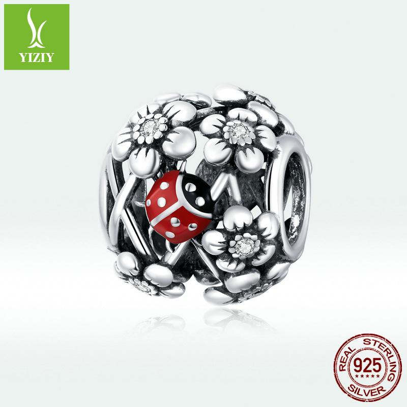 Trädgårdsfe S925 Sterling Silver Nyckelpiga Pärlor DIY Armband SCC1641