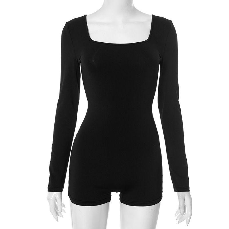 

Fashion Cross-Border New Arrival Women s Clothing Sexy Pure Color U-Neck Bare Back Long Sleeves Tight Shorts Sexy Sexy Jumpsuit Black L