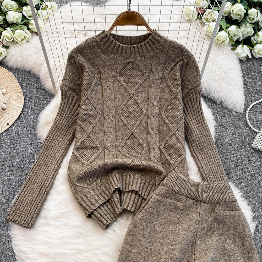 New Loose Knit Fried Dough Twists Sweater Suit Women's Winter High Waist Slim Straight Wide Leg Pants Two-piece Set