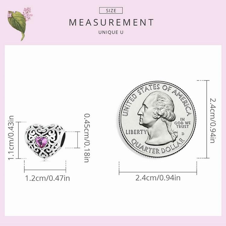 Bisaer Breloc cu inimă cu model Vinatge, inimă goală din argint 925 cu margele de zircon roz pentru femei Brățară Bijuterii fine Cadou