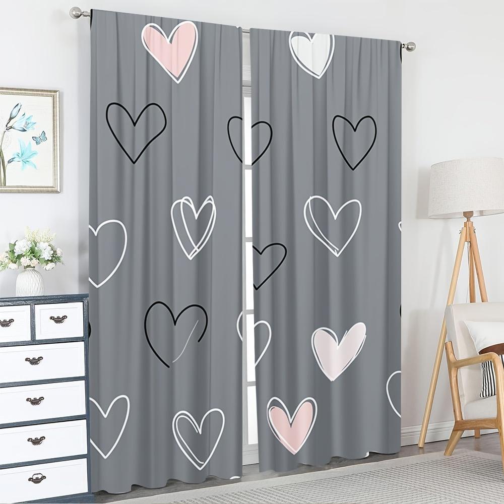 2pcs Heart Print Curtains Pink White Black Love Pattern Romantic Style Polyester Window Drapes for Bedroom Living Room
