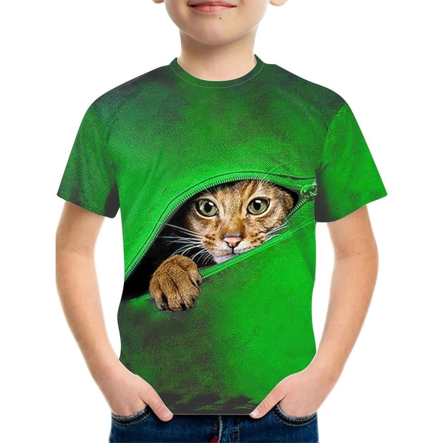 Boy's Zipper Cat Graphic Kids's T-shirt Fashion Short Sleeve Tops Boy Girl T-shirt Animal 3D Printed Summer Children's Clothing
