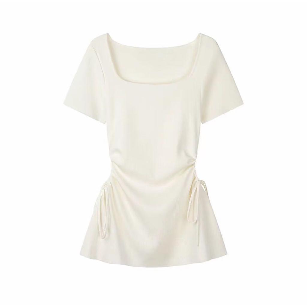1116 Summer New Medium and Long Short-sleeved Pleated Waist Strap Temperament Slim-fitting and Thin Top