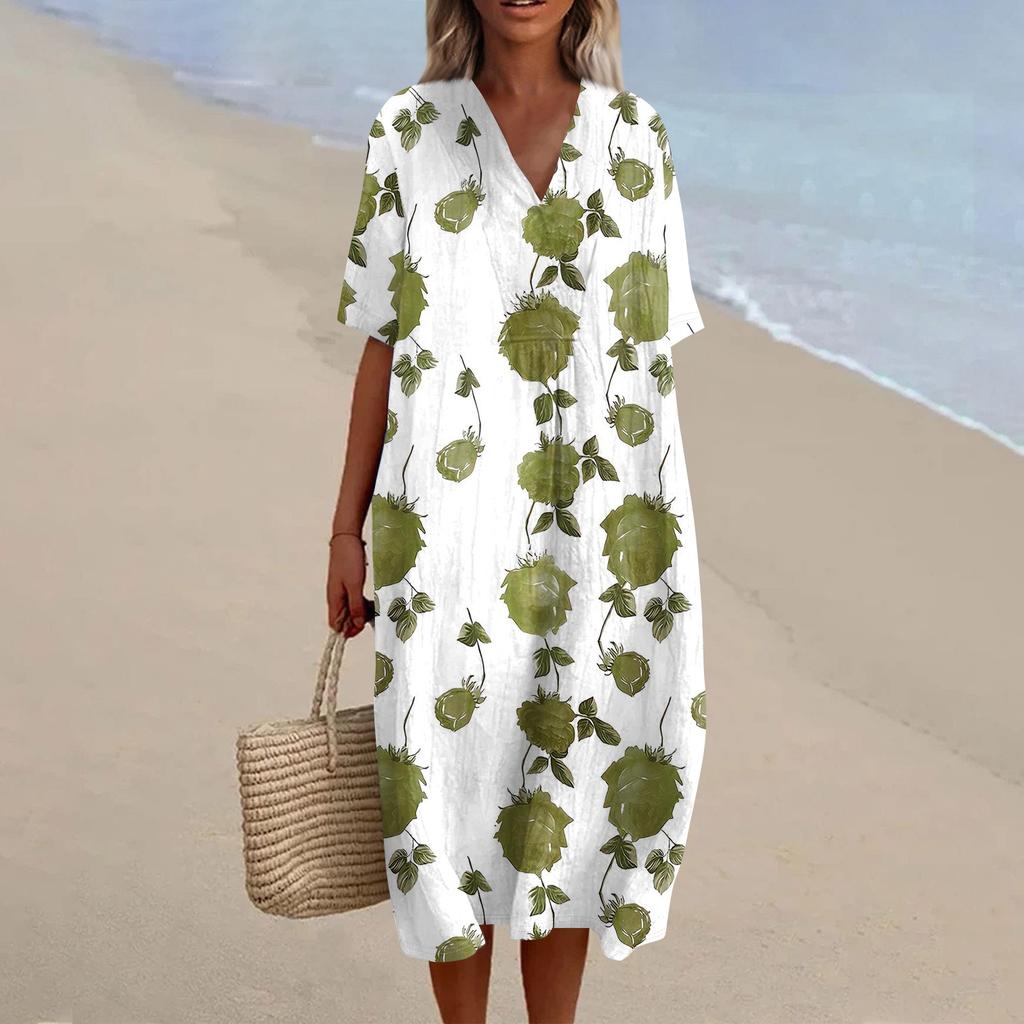 Damen Locker Lässig Mode V-Ausschnitt Bedrucktes Kleid Strandrock