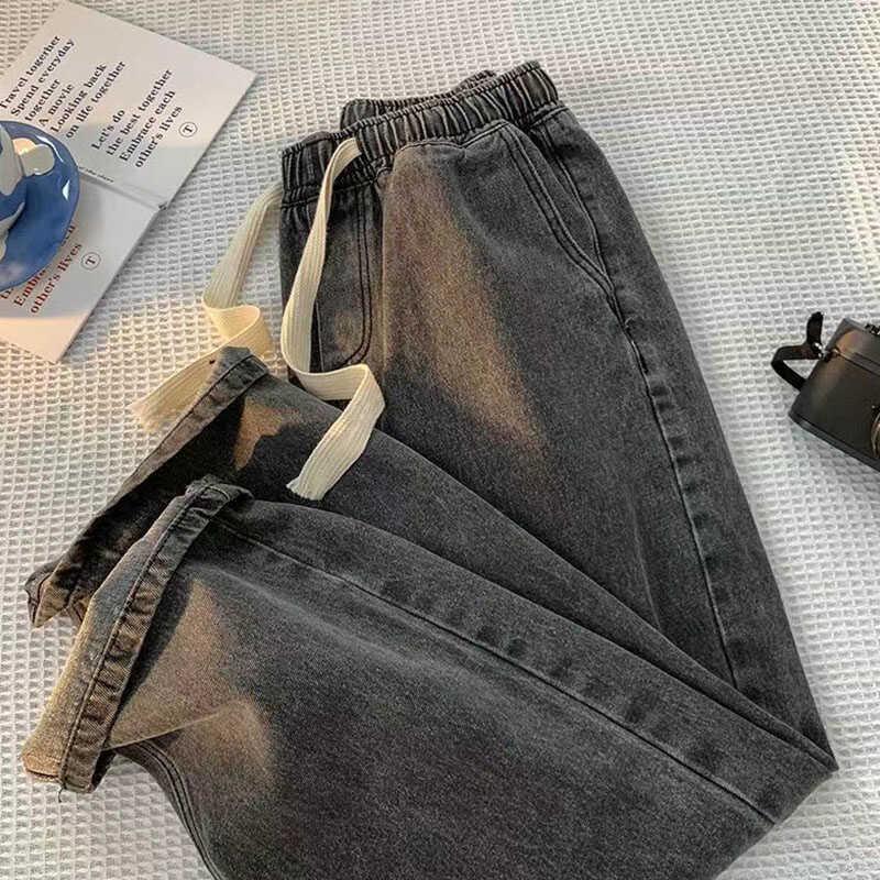 Women's Hong Kong Style Casual Solid Color Wide-Leg Jeans with Elastic Waist and Drawstring Design