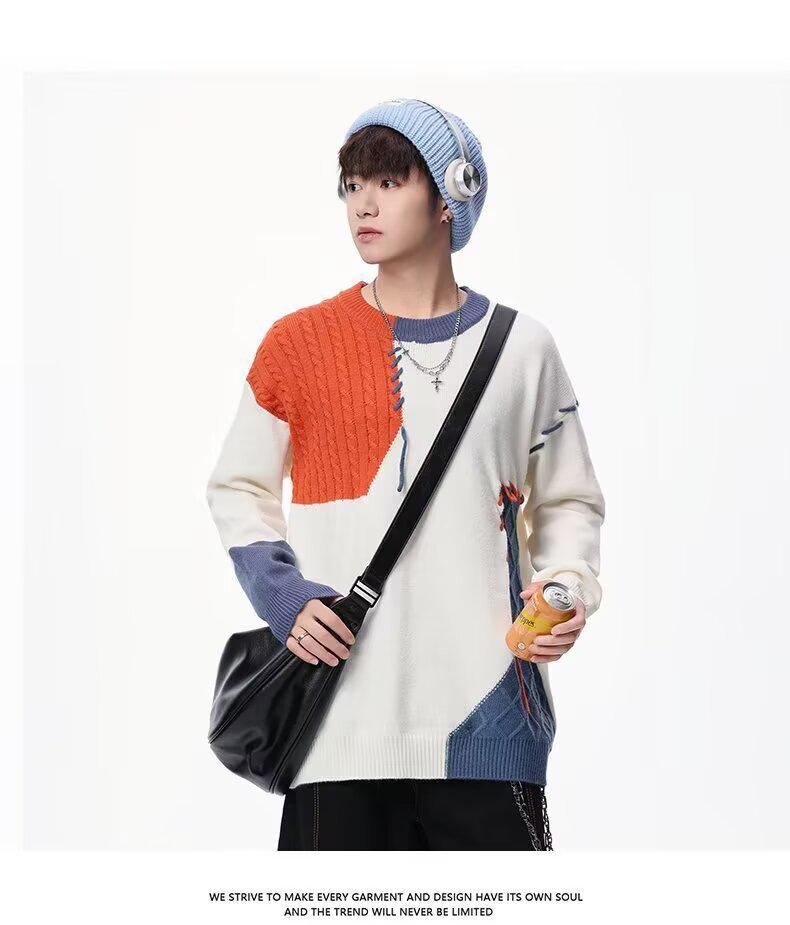Men's Patchwork Color Block Sweater - Winter Casual Loose Fit Knitwear with Personality Design