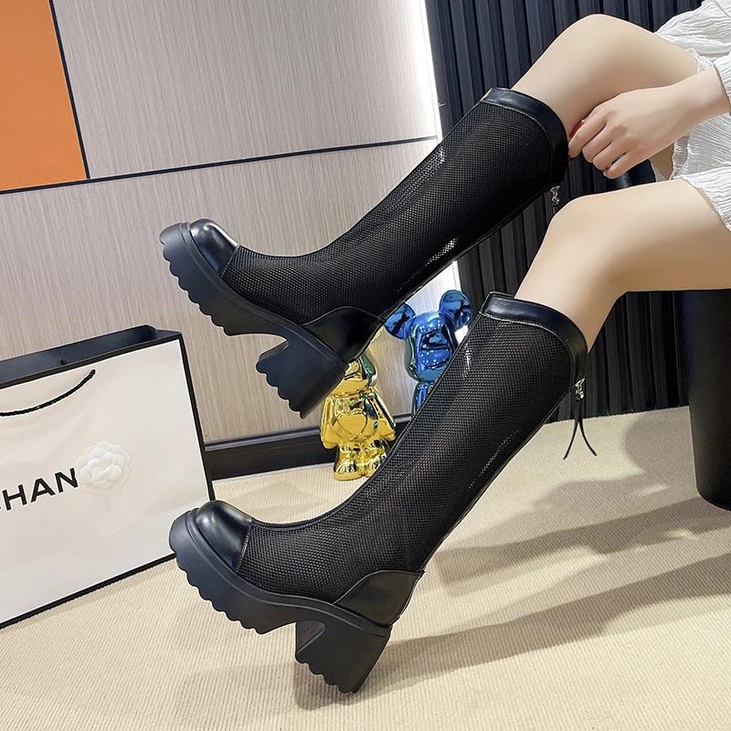 7CM Female Summer Knee-high Mesh High Boots Women ZIP Breathable Mesh Knight Boots Thick Heel Hollow Long Cool Boots Botas Mujer