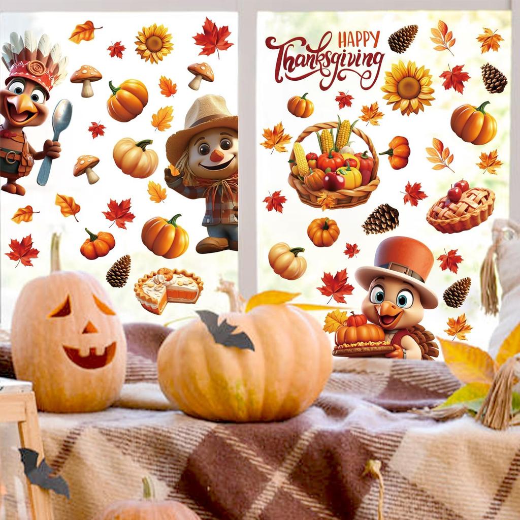 Thanksgiving Window Clings, 3D 8 Sheets Fall Window Clings Double Sided Turkey Pumpk Window Stickers for Glass Window Thanksgiving Fall Decorations