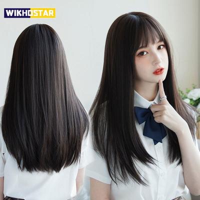 Korea Hair Extensions Synthetic Cute JK Girl Cosplay Air Bangs Wig Breathable Head Cover 50cm Long Straight Wig Hat for Women
