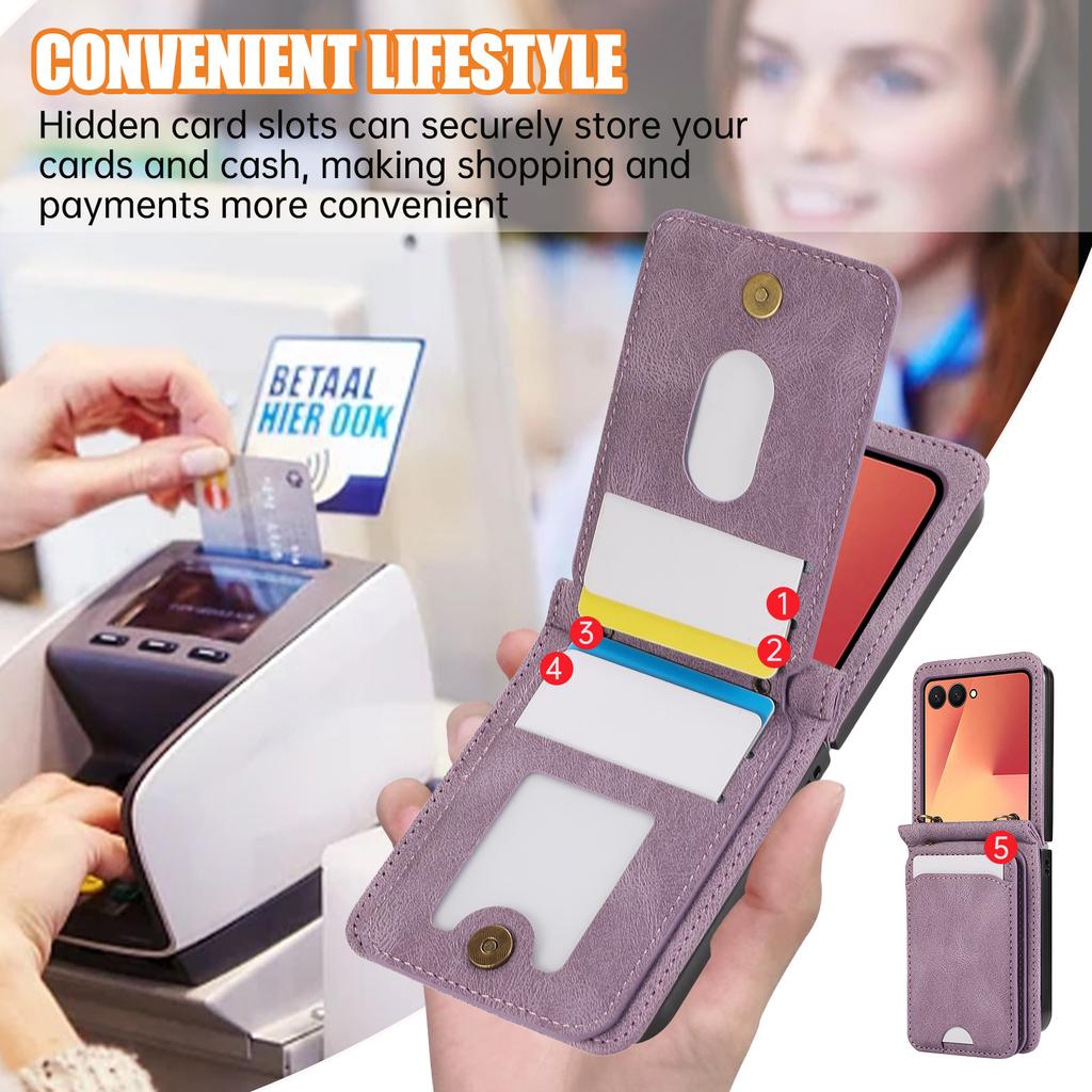 Leather Wallet Card Holder Case for Samsung Galaxy Z Flip 7 FE 6 5 4 3 ZFlip Flip6 Flip5 Flip4 Flip3 Crossbody Lanyard Bag Cover