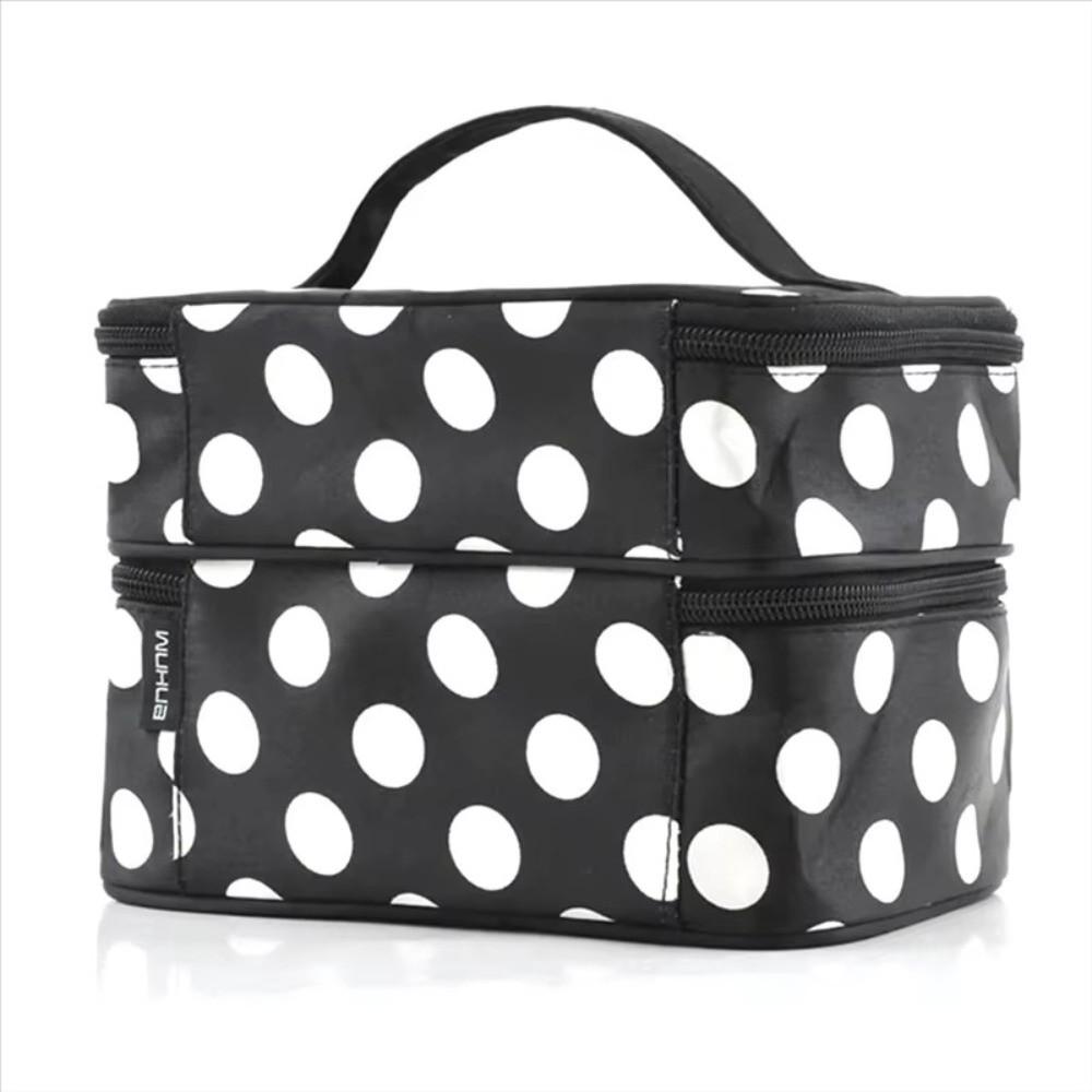 New Double-layer Makeup Bag Polka Dots Portable Travel Makeup Case Large Capacity Travel Toiletries Organizer
