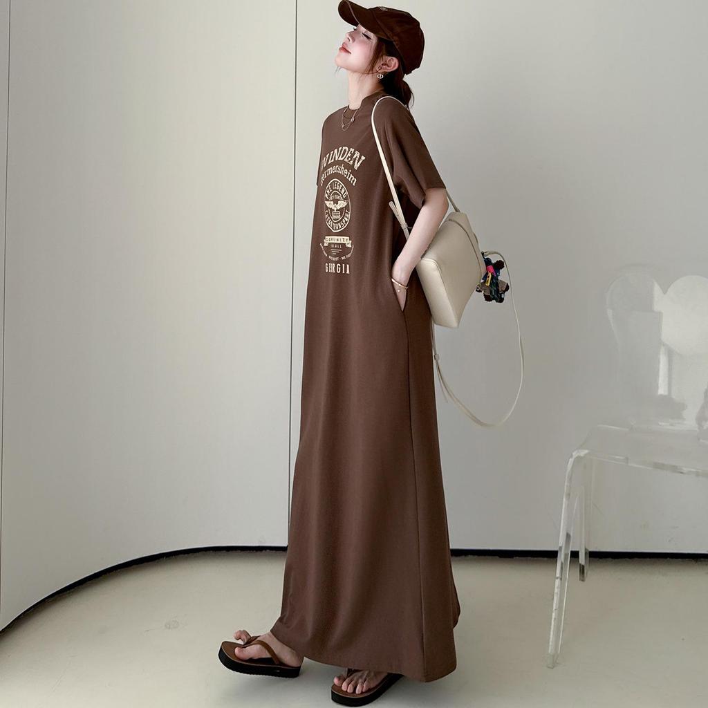 2026 Summer Fashion Women's Loose Short Sleeve Printed T-Shirt Dress - Over the Knee