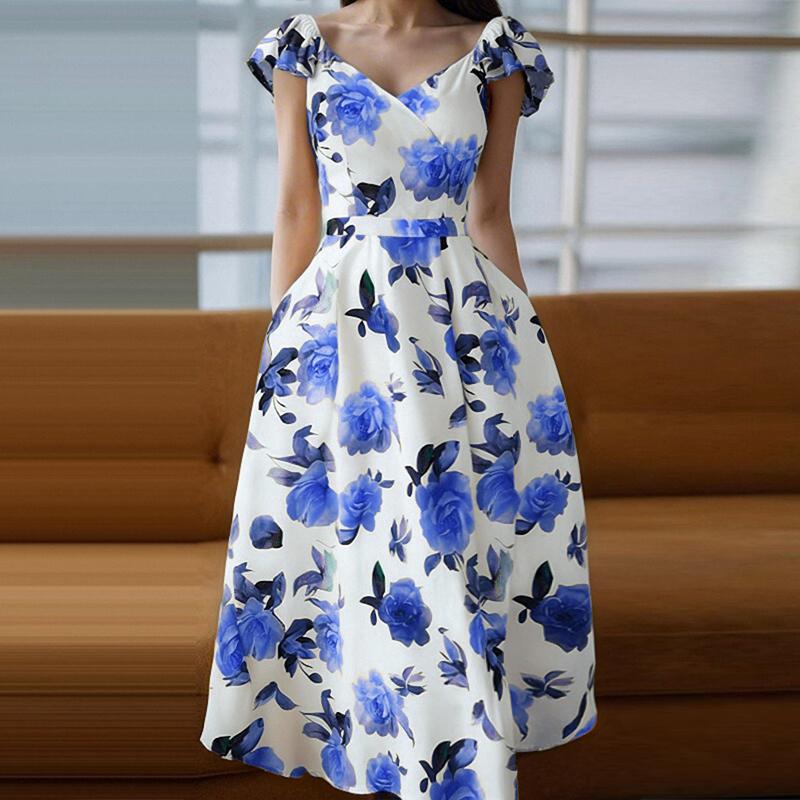 

ZANZEA Женское летнее повседневное платье с V-образным вырезом и коротким рукавом с цветочным принтом L